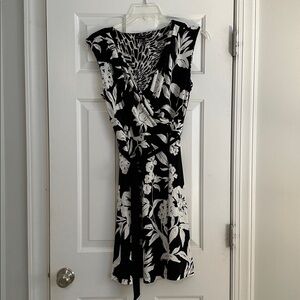 White House Black Market Black & White Floral Wrap Midi Dress